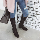 Women's Suede Lace Up Knee High Boots - Apricot - Lace Up Boots - 15 B - PU Suede Leather - image 22