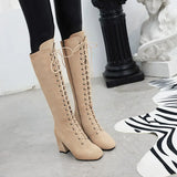 Women's Suede Lace Up Knee High Boots - Apricot - Lace Up Boots - 15 B - PU Suede Leather - image 4