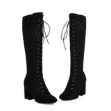 Women's Suede Lace Up Knee High Boots - Apricot - Lace Up Boots - 15 B - PU Suede Leather - image 25