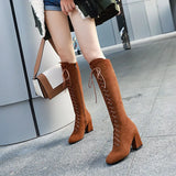 Women's Suede Lace Up Knee High Boots - Apricot - Lace Up Boots - 15 B - PU Suede Leather - image 28