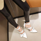 Women's Punk Buckle Strap Rivet Stilettos - White - Punk Rivet Stilettos - 4 B - PU Leather - image 4
