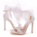 Women's Chiffon Bow High Bridal Sandals - White - Wedding Sandals - 43 B - PU Leather - image 17