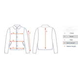 Illustration of jacket measurements includes front and back views. Arrows labeled A to E indicate chest, waist, hips, back length, and sleeve length.