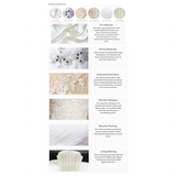Image showcasing six wedding dress elements: fine materials, shining beadings, exquisite embroidery, delicate appliques, beautiful ruching, and lining and boning. Each element has a detailed description with elegant, high-quality visuals, emphasizing craftsmanship and style.
