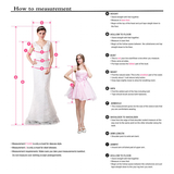 Instructional guide on body measurement for dresses. Includes images of two women, one in a long gown, the other in a short dress. Steps detail measuring height, bust, waist, hips, and more. Key points highlighted with letters, offering precise measurement techniques.