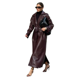 Women's Extra Long Faux Leather Coat - Brown - Long PU Leather Jacket - 5XL - PU leather - image 13
