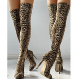 Women's High Stiletto Leopard Print Boots - Khaki - Leopard Print - 45 B - Plush Stretch Material - image 8
