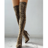 Women's High Stiletto Leopard Print Boots - Khaki - Leopard Print - 45 B - Plush Stretch Material - image 9