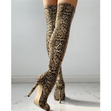 Women's High Stiletto Leopard Print Boots - Khaki - Leopard Print - 45 B - Plush Stretch Material - image 7