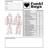 Body measurement guide with front and back outlines of a human figure. Red lines indicate measurement points corresponding to a table listing 25 descriptions, including neck, chest, waist, hips, and limb measurements in centimeters and inches.
