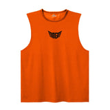 Orange sleeveless athletic shirt featuring a black "MG" logo with wings in the center.