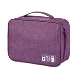 Purple electronic accessories bag with a handle and zipper, featuring icons for charging cables and USB storage.