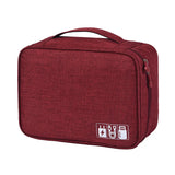 Red fabric organizer bag with a handle, featuring white icons for charging accessories and cables on the front.