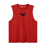 Red sleeveless athletic shirt featuring a black "MGF" logo with wing designs on the front. Ideal for workouts or casual wear.