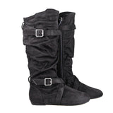 Women's Line Dance Buckle Flat Boots - Black - Boots - 42 B - PU Suede Leather - image 15