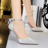 Women's Glitter Bow Knot Strappy Heels - Gold - Prom Shoes - 43 B - PU Leather - image 6