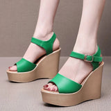 Women's Wedge Heel Summer Sandals - Black - 11.5cm heel - 12 B - PU Leather - image 6