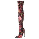 Women's Floral Stretch Cloth Long Boots - Pink - Floral - 45 B - Plush Stretch Material - image 10