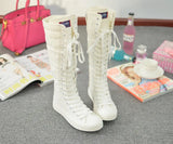Women's Canvas Knee High Lace Up Boots - White - 2cm Heel - 43 B - Canvas - image 17