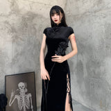 Women's Long Gothic Velvet Spilt Dress - Black - Dress - XXXL - Velvet - image 4