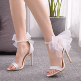 Women's Chiffon Bow High Bridal Sandals - White - Wedding Sandals - 43 B - PU Leather - image 9