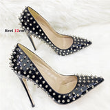 Women's Spikes Rivets Super High Stilettos - Black - 12cm Spike Stilettos - 46 B - PU Leather - image 20
