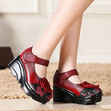 Women's Cute Red Flower Leather Wedges - Red - 1 / 9866 / Wedge Shoes - 40 B - Genuine Leather - image 6