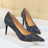 Women's High Heel Glitter Prom Pumps - Gold - 9.5cm / Glitter Shoe - 43 B - PU Leather - image 42