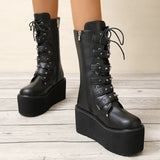 Women's Buckle Strap Wedge Biker Boots - Black - 1 - Matte - Biker Boots - 43 B - PU Leather - image 2