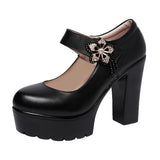 Women's Flower Buckle Mary Janes Heels - Black - 1 / 13cm Heel - 43 B - PU Leather - image 3
