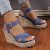 Women's Open Toe High Wedge Sandals - Blue - Wedge Sandals - 42 B - Denim - image 5