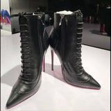 Women's Lace Up Pointy Ankle Boots - Black - Stiletto Boots - 43 B - PU Leather - image 5
