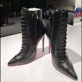 Women's Lace Up Pointy Ankle Boots - Black - Stiletto Boots - 43 B - PU Leather - image 2