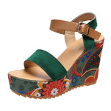 Women's Floral Platform Wedge Sandals - Black - Retro Print Wedges - 42 B - PU Leather - image 2