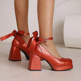 Women's Square Toe Block Heel Platforms - Blue - Platform Heels - US14-EU45-27.5CM - PU Leather - image 12