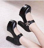 Women's Flower Buckle Mary Janes Heels - Black - 1 / 13cm Heel - 43 B - PU Leather - image 2