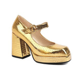 Women's Glossy High Mary Jane Platforms - Gold - Square Mary Janes - 46 B - PU Leather - image 22
