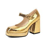 Women's Glossy High Mary Jane Platforms - Gold - Square Mary Janes - 46 B - PU Leather - image 3