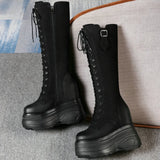 Women's Leather Platform Lace Up Wedges - Black  - Suede - Wedge Boots - 3 B - Genuine Leather - image 10