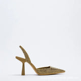 Women's Shiny Beaded Mid Heeled Mules - Gold - Slingback Mules - 43 B - PU Leather - image 7
