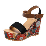 Women's Floral Platform Wedge Sandals - Black - Retro Print Wedges - 42 B - PU Leather - image 3
