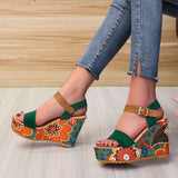 Women's Floral Platform Wedge Sandals - Black - Retro Print Wedges - 42 B - PU Leather - image 6