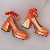 Women's Square Toe Block Heel Platforms - Blue - Platform Heels - US14-EU45-27.5CM - PU Leather - image 20