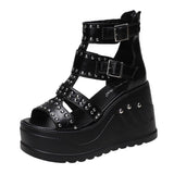 Women's Gothic Punk Rivet Wedge Sandal - Black - 1 / Rivet / Matte / Sandals - 43 B - PU Leather - image 1
