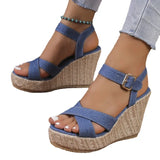 Women's Open Toe High Wedge Sandals - Blue - Wedge Sandals - 42 B - Denim - image 11