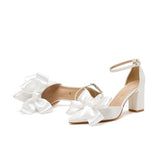 Women's Satin Bow Wedding Block Heels - White - Bridal Shoes - 43 B - PU Leather - image 11