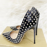Women's Spikes Rivets Super High Stilettos - Black - 12cm Spike Stilettos - 46 B - PU Leather - image 13