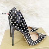 Women's Spikes Rivets Super High Stilettos - Black - 12cm Spike Stilettos - 46 B - PU Leather - image 22