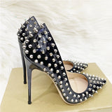 Women's Spikes Rivets Super High Stilettos - Black - 12cm Spike Stilettos - 46 B - PU Leather - image 18