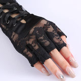 Women's Elbow Length Fingerless Gloves - Black - Lace Up Gloves - One Size - Acetate - image 6